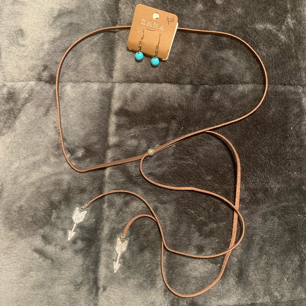 Brown Leather Necklace w/Arrows & Earrings Set